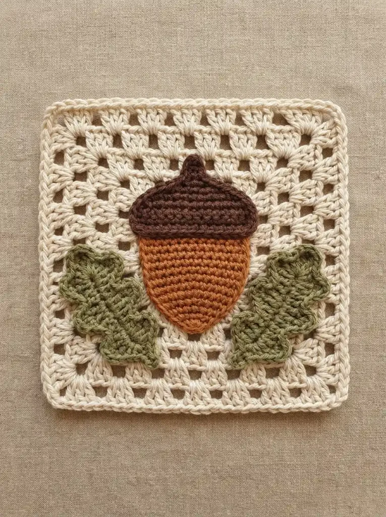 Acorn Harvest Granny Square Crochet Motif With Two Tone Nut Center And Oak Leaf Frame