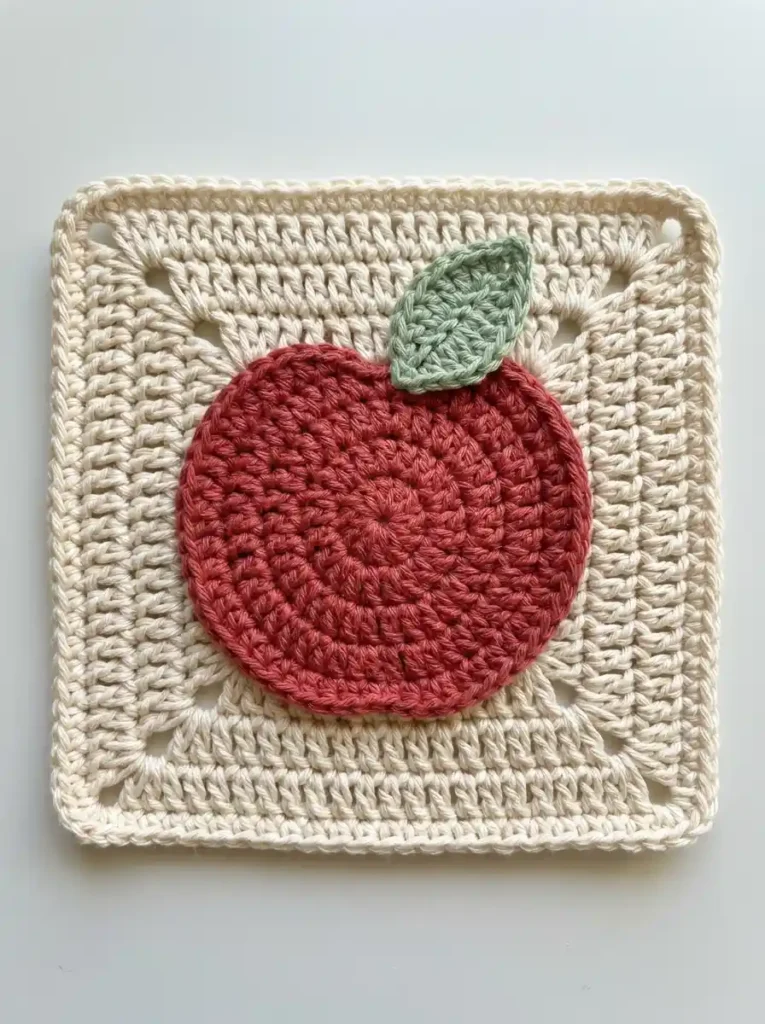 Apple Orchard Granny Square Crochet Motif With Rounded Fruit Center And Leaf Accent