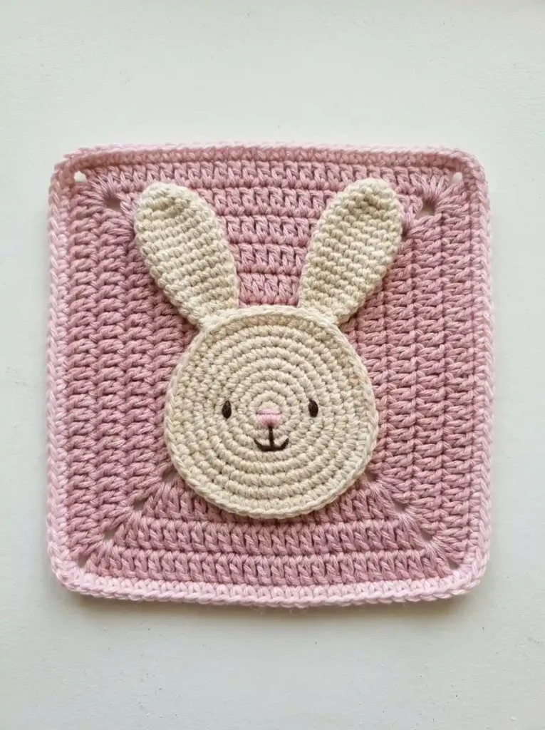 Baby Bunny Granny Square Crochet Motif With Long Rounded Ears And Soft Pastel Border