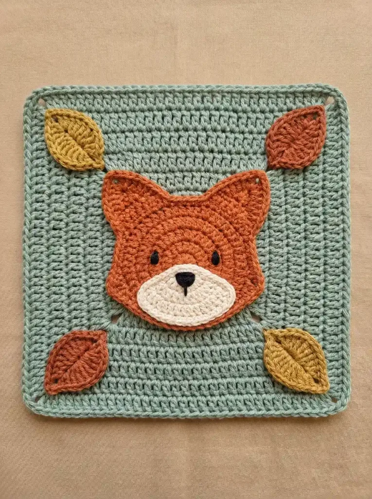 Baby Fox Woodland Granny Square Crochet Motif With Pointed Ears And Autumn Leaf Corners