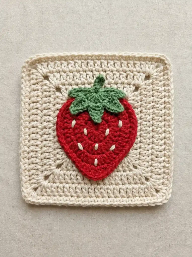 Beginner Friendly Strawberry Granny Square Crochet Coaster With Simple Seed Stitch Dots