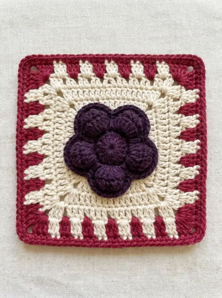 Blackberry Jam Granny Square Crochet Motif With Clustered Berry Center And Picnic Gingham Border