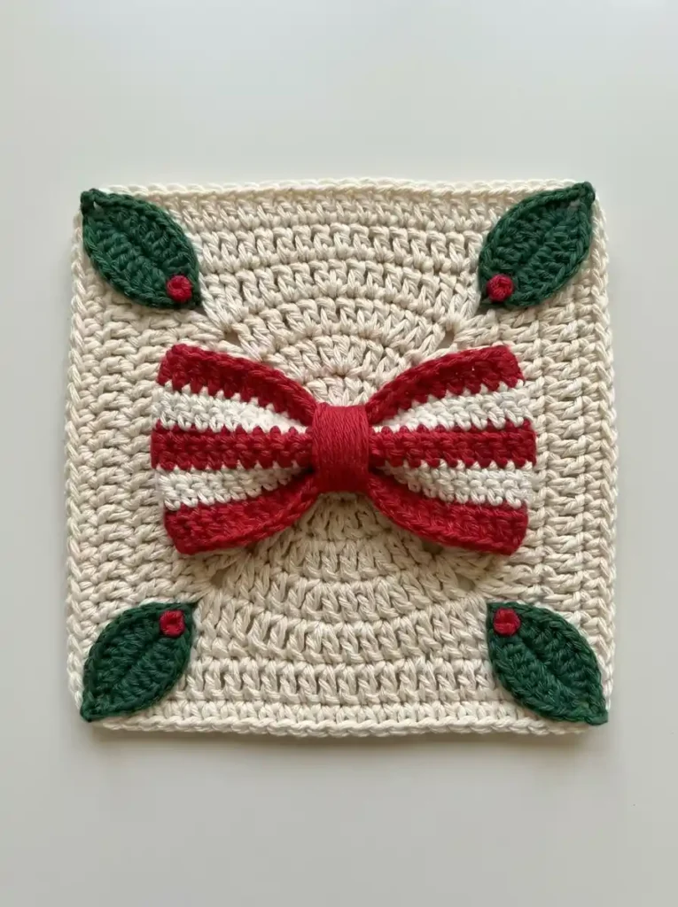 Candy Cane Bow Granny Square Crochet Motif With Striped Center And Winter Holly Corners