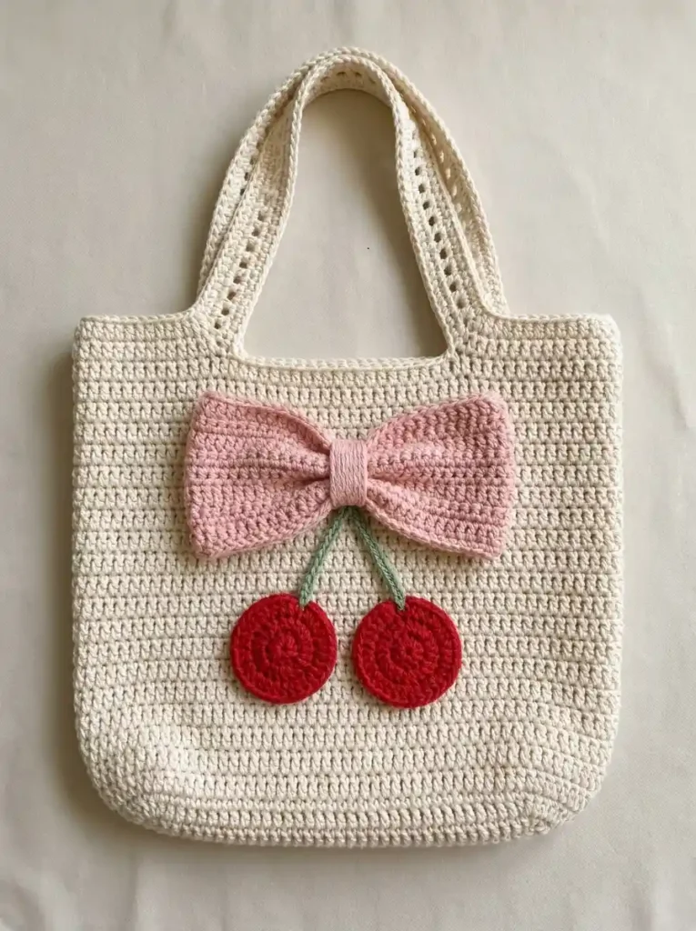Cherry Bow Crochet Tote Bag With Twin Red Cherries And Oversized Pink Ribbon Motif