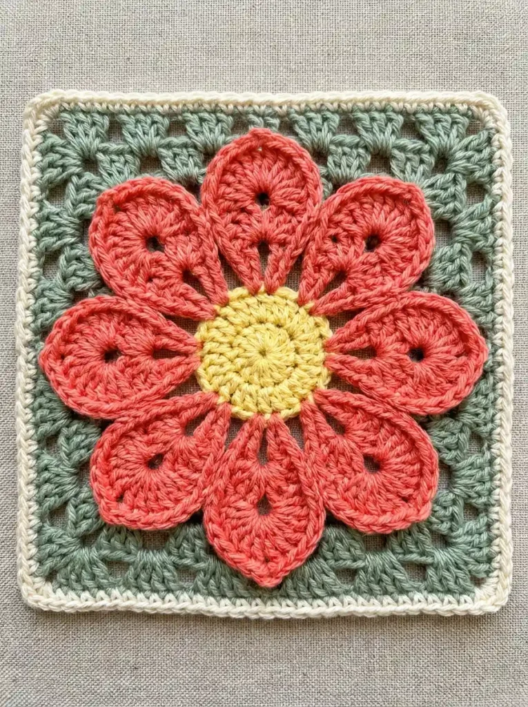 Chubby Flower Granny Square Crochet Motif With Bold Petals