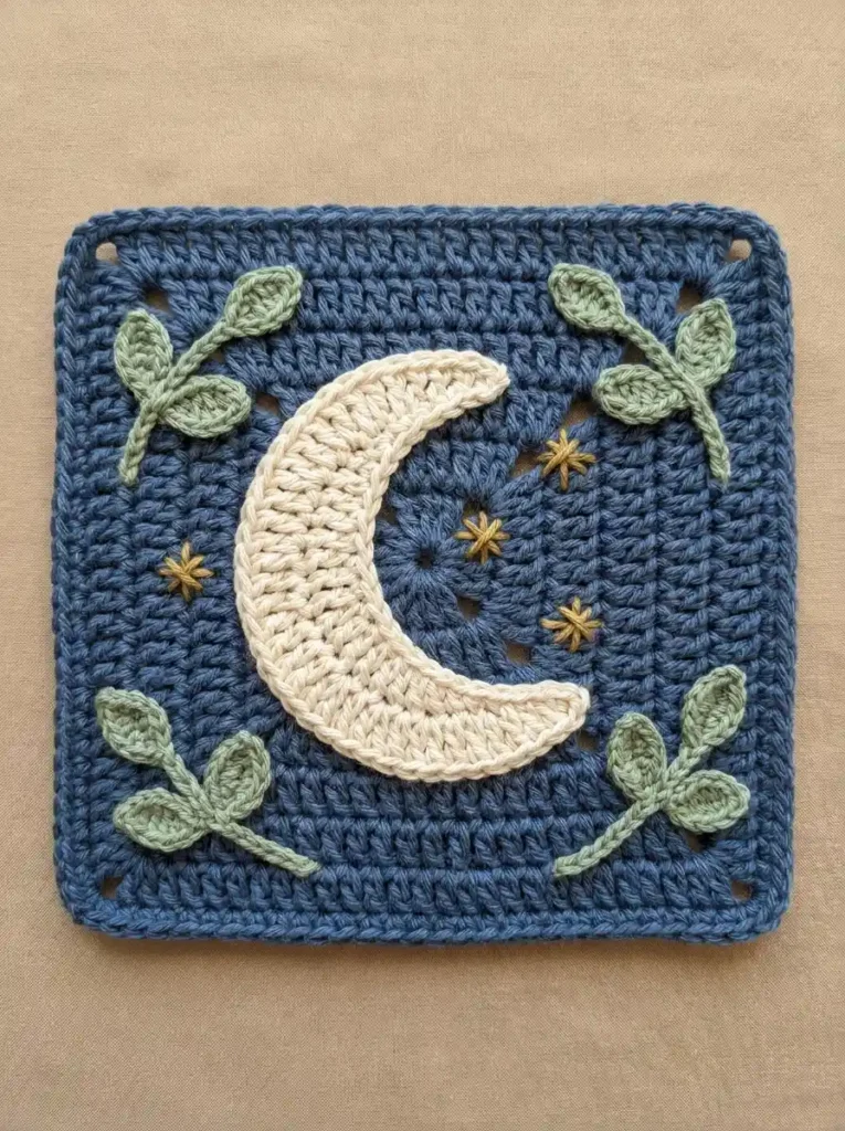 Crescent Moon Garden Granny Square Crochet Motif With Tiny Stars And Leafy Vine Corners