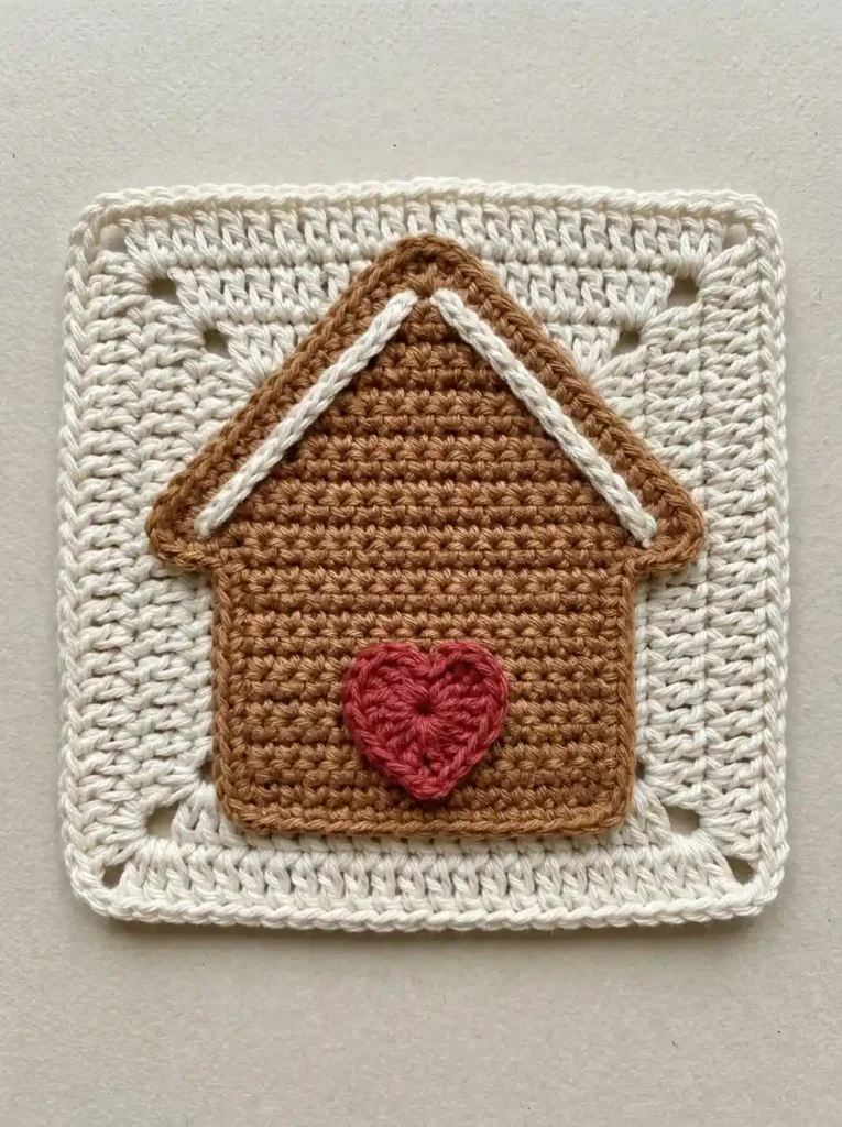 Gingerbread House Granny Square Crochet Motif With Frosted Roof Lines And Candy Heart Door