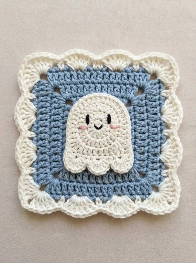 Kawaii Ghost Granny Square Crochet Motif With Blush Cheeks And Scalloped Cloud Border