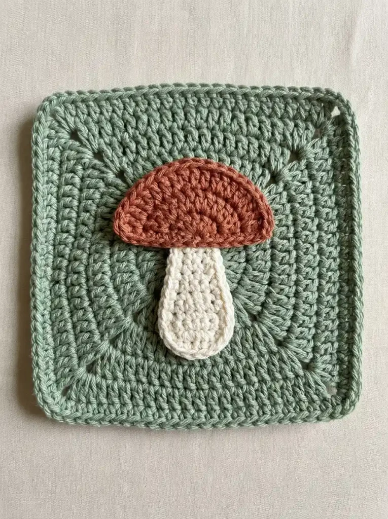 Mushroom Cottagecore Granny Square Crochet Motif With Chubby Cap And Clean White Stem