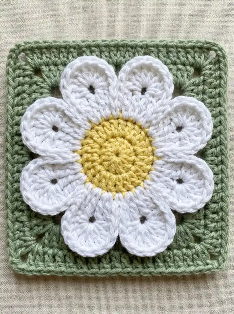 One Piece Daisy Center Granny Square Crochet Coaster With Soft Rounded Petals