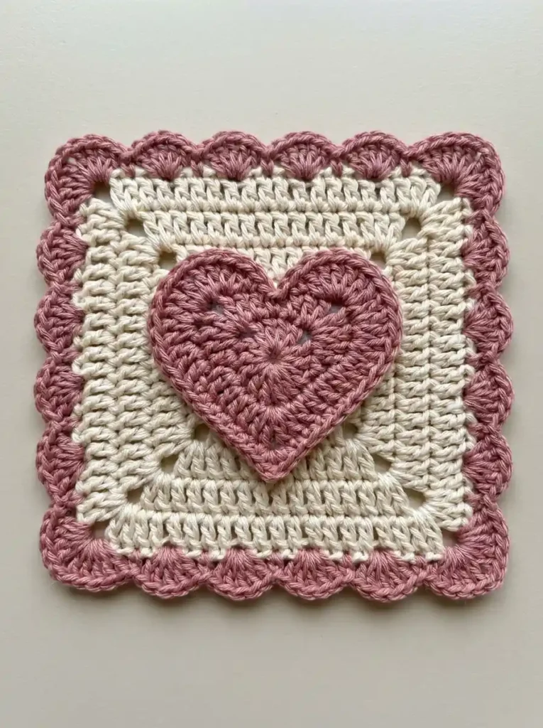 Pocket Sized Heart Granny Square Crochet Motif With Puffy Center And Clean Scalloped Edges