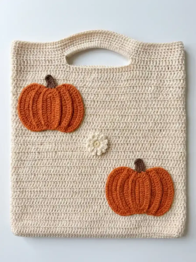 Pumpkin Flower Crochet Tote Bag With Rounded Orange Motifs And Cream Daisy Accents