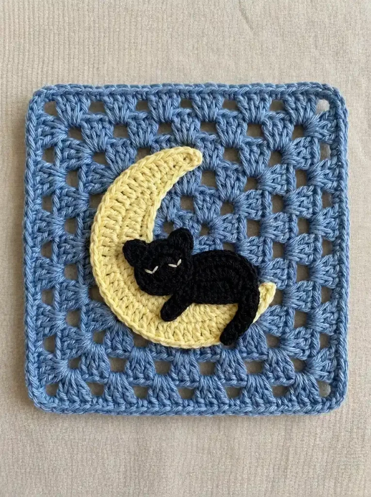 Sleepy Black Cat Moon Granny Square Crochet Motif With Rounded Ears And Crescent Center