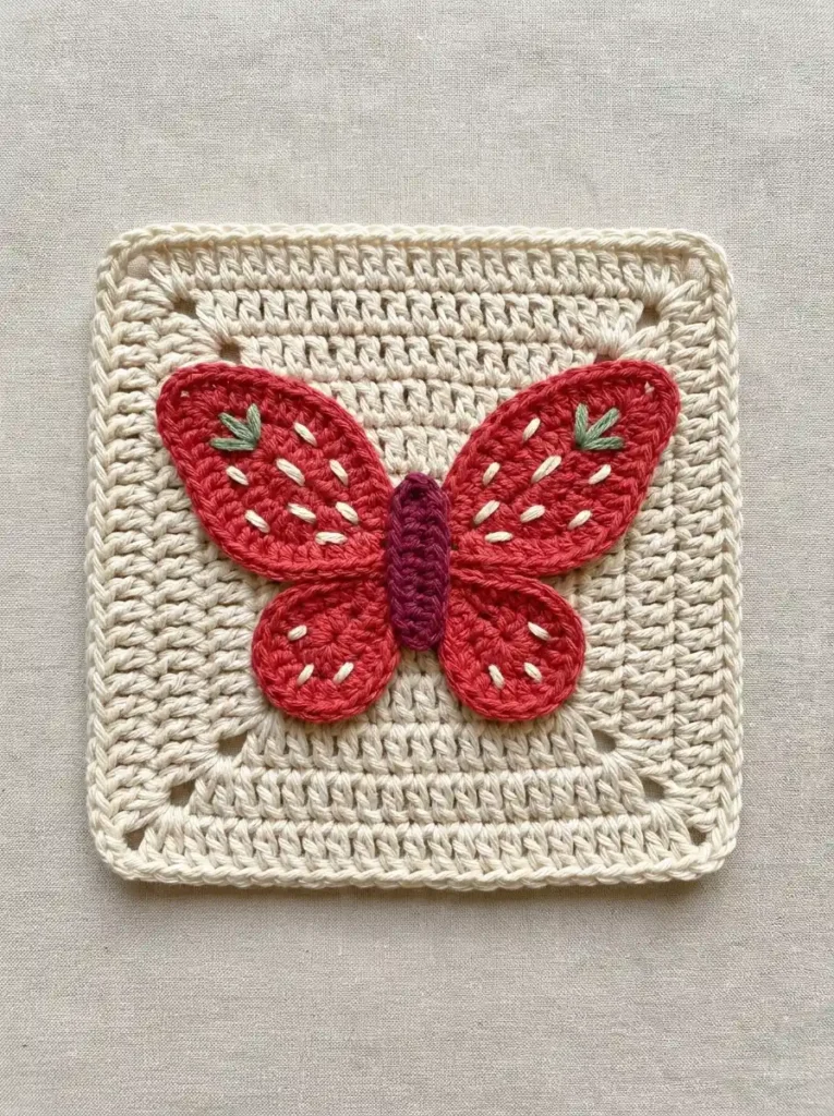 Strawberry Butterfly Granny Square Crochet Motif With Seeded Wings And Tiny Leaf Accents Crochet Pattern
