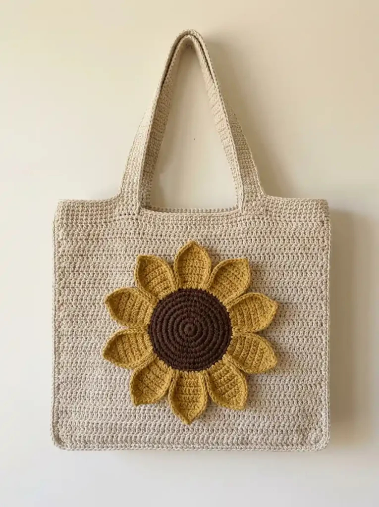Sunflower Crochet Tote Bag With Bold Floral Panel And Warm Neutral Background