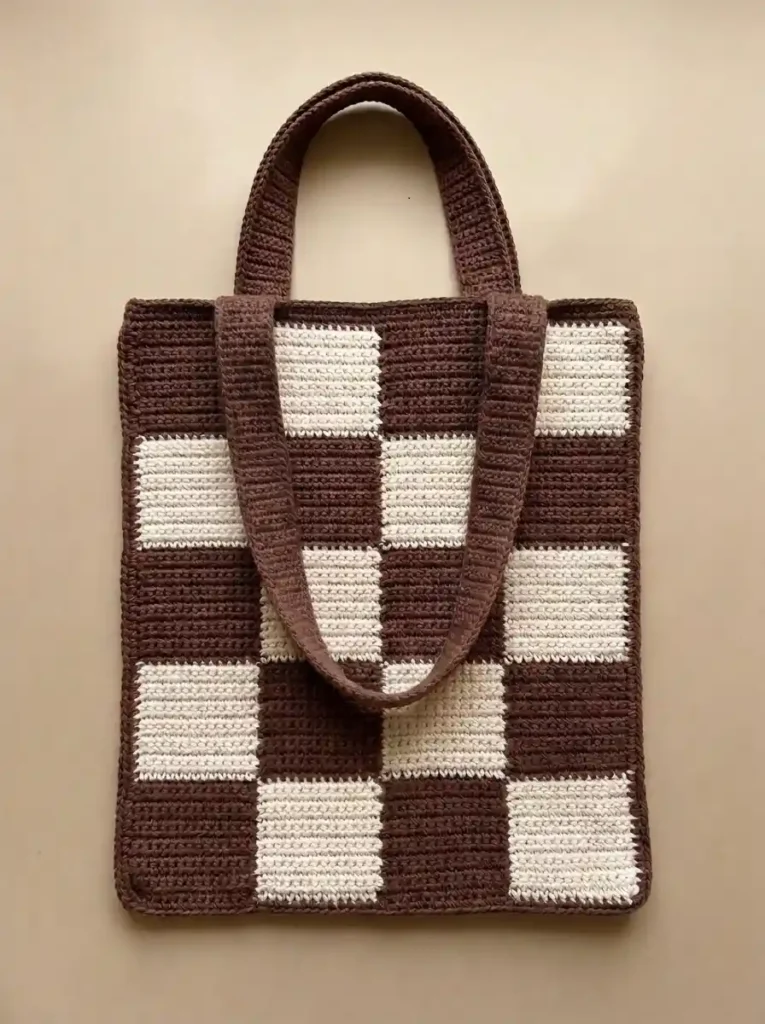 Two Tone Checkerboard Crochet Tote Bag With Wide Straps And Clean Rectangular Shape