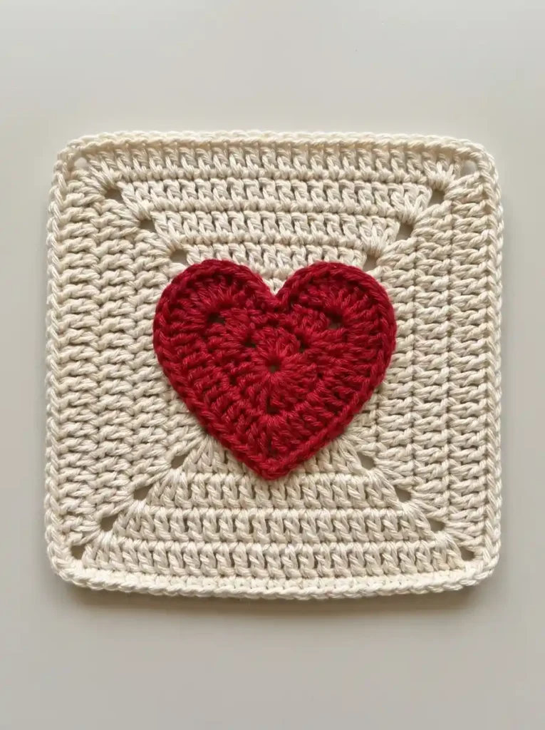 Two Tone Heart Center Granny Square Crochet Block With Clean Scalloped Corners