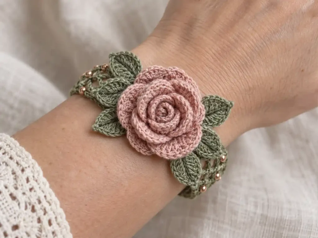 Crochet Jewelry Patterns Blush Pink Rose Vine Bracelet Free Crochet Pattern
