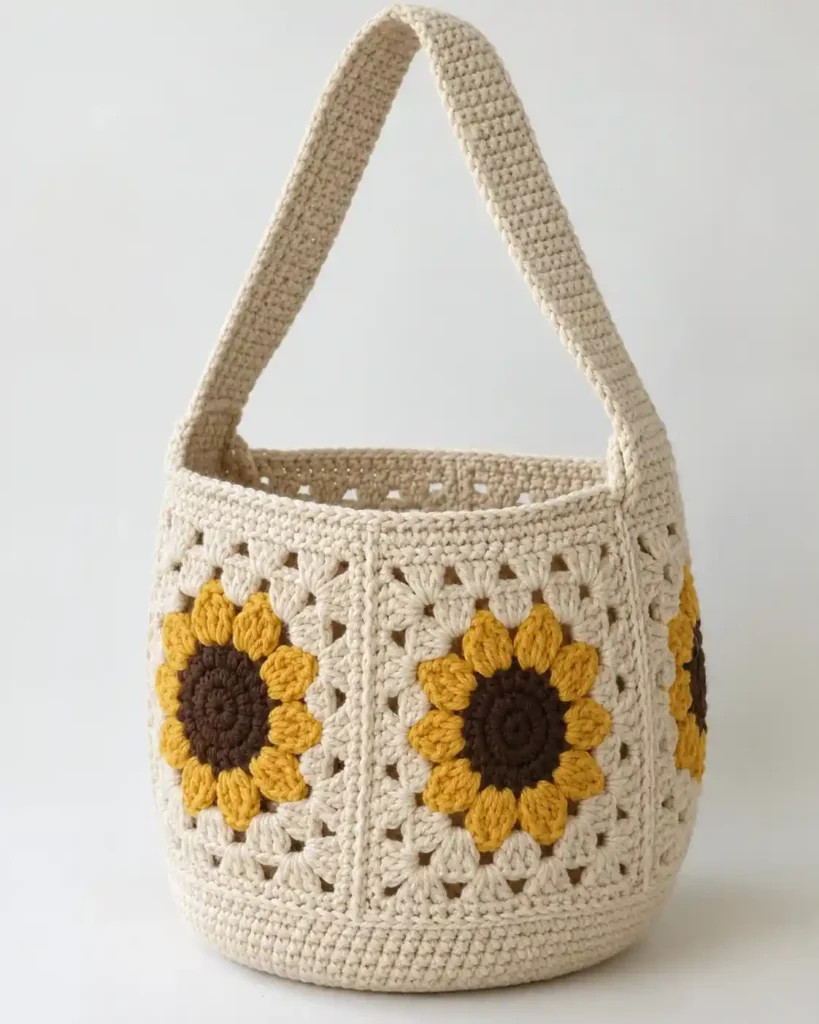 Sunflower Granny Square Crochet Bag Pattern Boho Bucket Bag Crochet